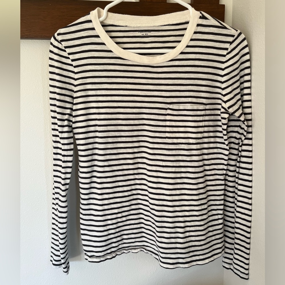 Madewell Women’s Striped Crewneck Tee with Pocket, Sz XS, Cream & Brown Stripe